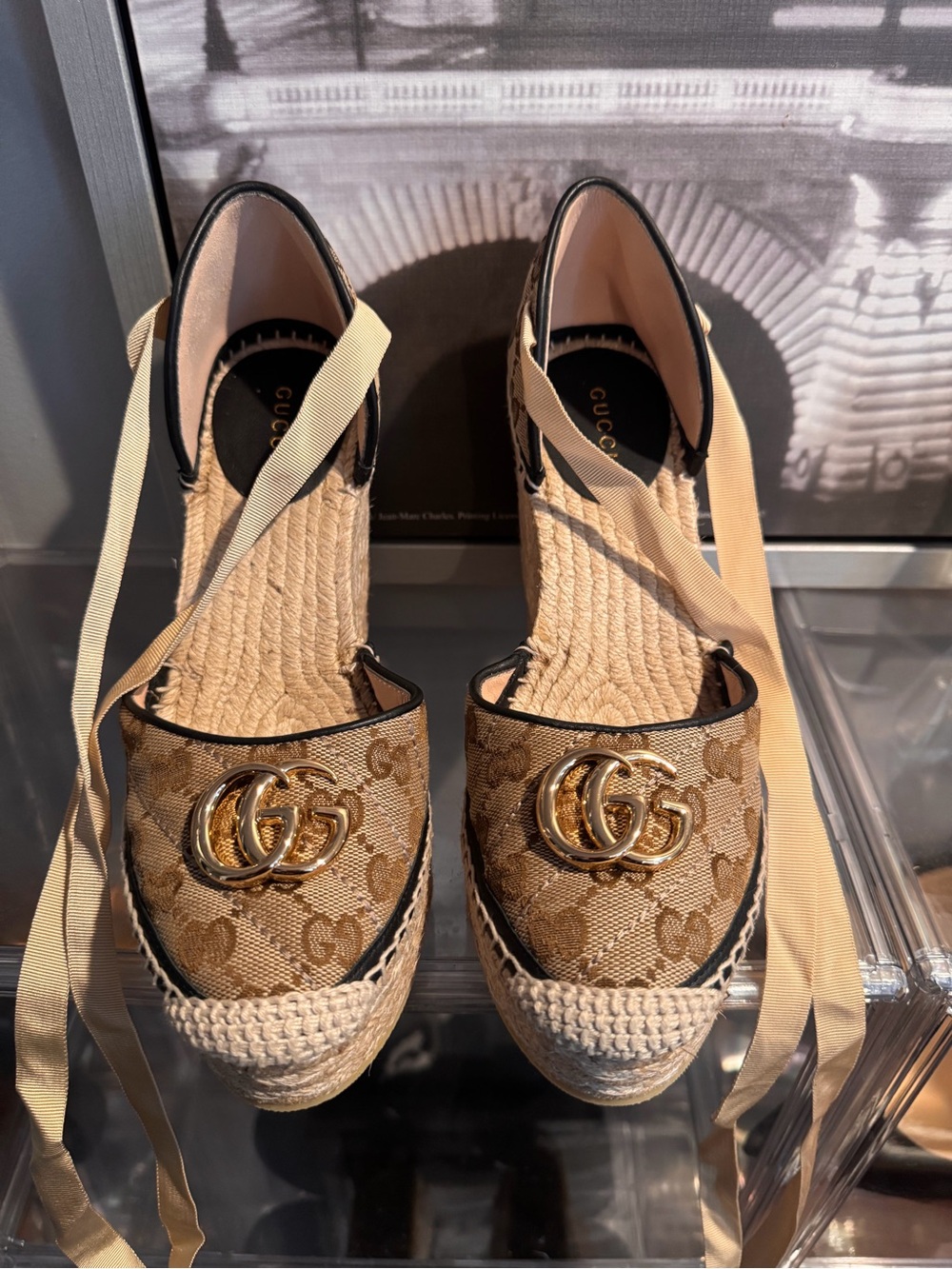 GuccMonogram Matelasse GG Marmont Ankle Wrap Platform 35/120mm Espadrille Wedges